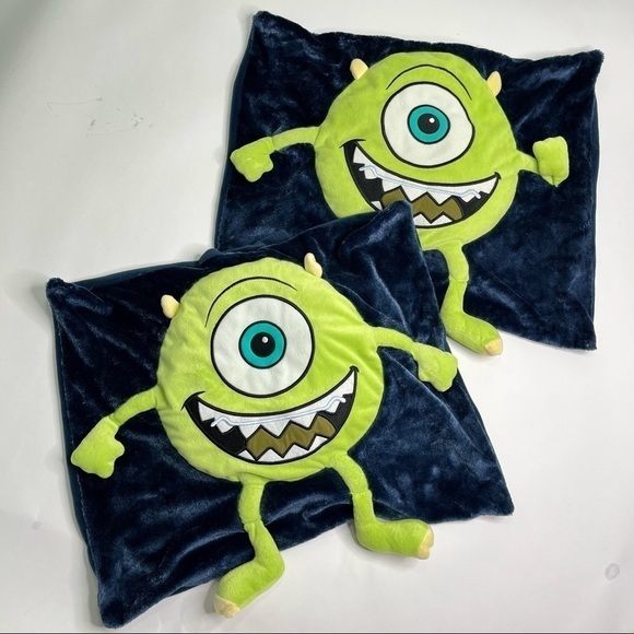 RARE PIXAR Monsters Inc. Mike Wazowski Green Monster 3D Blue Plush Pillow Covers - Picture 1 of 15